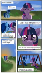 Size: 356x593 | Tagged: safe, derpibooru import, twilight sparkle, oc, oc:blue thunder, pony, comic, foal, image, origin, png, thundersparkle