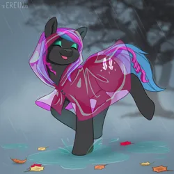 Size: 2000x2000 | Tagged: safe, artist:erein, derpibooru import, oc, oc:obabscribbler, unofficial characters only, earth pony, pony, autumn, commission, ears up, eyeshadow, female, image, jpeg, leaves, makeup, puddle, rain, raincoat, simple background, smiling, solo, wet, ych result