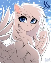 Size: 2000x2500 | Tagged: safe, artist:hakaina, derpibooru import, unnamed character, unnamed pony, pony, abstract background, backlighting, belly, blue eyes, chest fluff, commission, concave belly, ear fluff, eye clipping through hair, eyebrows, eyebrows visible through hair, eyelashes, frown, high res, image, leg fluff, lighting, limited palette, looking at you, partially open wings, png, raised hoof, shading, signature, sitting, sketch, slim, thin, wings, ych sketch, your character here