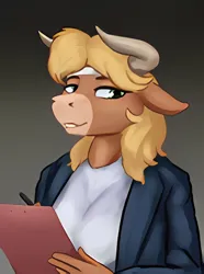 Size: 624x840 | Tagged: artist needed, source needed, safe, derpibooru import, minotaur, equestria at war mod, clothes, content-aware scale, cute, gradient background, image, png, solo