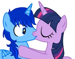 Size: 898x712 | Tagged: safe, derpibooru import, twilight sparkle, twilight sparkle (alicorn), oc, oc:blue thunder, alicorn, canon x oc, image, kissing, png, thundersparkle