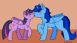 Size: 4800x2691 | Tagged: safe, derpibooru import, twilight sparkle, twilight sparkle (alicorn), oc, oc:blue thunder, alicorn, canon x oc, image, jpeg, kissing, thundersparkle