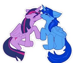 Size: 1530x1319 | Tagged: safe, derpibooru import, twilight sparkle, twilight sparkle (alicorn), oc, oc:blue thunder, alicorn, canon x oc, image, kissing, png, thundersparkle