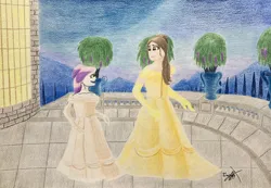 Size: 1280x887 | Tagged: safe, artist:grffxs, derpibooru import, sweetie belle, human, equestria girls, alternate hairstyle, balcony, beauty and the beast, belle, clothes, dress, evening, evening gloves, gloves, gown, image, jpeg, long gloves, looking at each other, looking at someone, smiling, smiling at each other