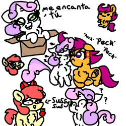 Size: 1000x1000 | Tagged: safe, artist:sweetsterty, derpibooru import, apple bloom, scootaloo, sweetie belle, earth pony, pegasus, pony, unicorn, adorabloom, apple bloom's bow, bow, box, cheek fluff, chest fluff, cross-popping veins, cute, cutealoo, cutie mark crusaders, diasweetes, doodle, emanata, food, hair bow, image, onomatopoeia, png, pony in a box, question mark, scootachicken, sleeping, sound effects, spanish, strawberry, zzz