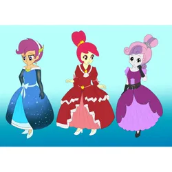 Size: 1080x1080 | Tagged: safe, artist:geminipurplerose, derpibooru import, apple bloom, scootaloo, sweetie belle, human, equestria girls, alternate hairstyle, blue background, clothes, cutie mark crusaders, dress, ear piercing, earring, evening gloves, female, glass slipper (footwear), glass slippers, gloves, gown, image, jewelry, long gloves, piercing, png, simple background, trio