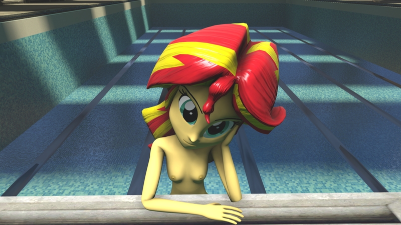 Size: 3840x2160 | Tagged: questionable, artist:wissle, derpibooru import, sunset shimmer, equestria girls, 3d, breasts, casual nudity, complete nudity, contemplating, female, high res, image, jpeg, leaning, looking down, nipples, nudity, skinny dipping, small breasts, solo, solo female, source filmmaker, swimming pool, thinking, water