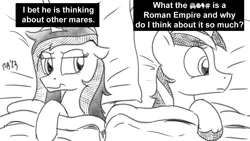 Size: 1200x675 | Tagged: safe, artist:pony-berserker, derpibooru import, princess cadance, shining armor, bed, i bet he's thinking about other mares, image, implied roman empire, meme reference, png, pony-berserker's twitter sketches, pony-berserker's twitter sketches (2023)