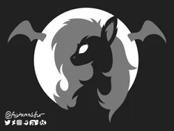 Size: 2874x2162 | Tagged: safe, artist:autumnsfur, derpibooru import, fluttershy, bat pony, pony, bat ponified, female, flutterbat, grayscale, halloween, holiday, image, jack-o-lantern, logo, long hair, long mane, mare, minimalist, modern art, monochrome, moon, nightmare night, png, printable, pumpkin, pumpkin design, race swap, sideview, signature, silhouette, simple background, white eyes, wings