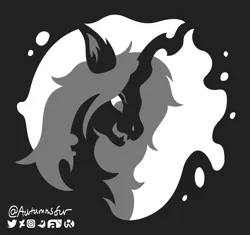 Size: 2191x2063 | Tagged: safe, artist:autumnsfur, derpibooru import, queen chrysalis, changeling, changeling queen, pony, female, grayscale, halloween, holiday, image, jack-o-lantern, logo, long hair, long mane, mare, minimalist, modern art, monochrome, nightmare night, png, printable, pumpkin, pumpkin design, side view, signature, simple background, smiling