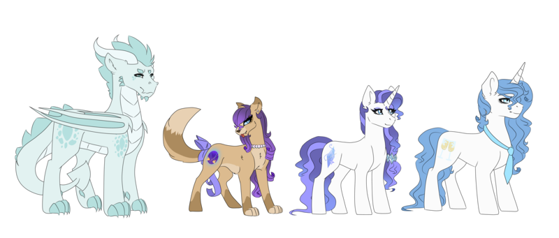 Size: 3879x1654 | Tagged: safe, artist:xxsimu, derpibooru import, oc, oc:arthur, oc:azura, oc:jewel, oc:malakai, unofficial characters only, dracony, hybrid, pony, unicorn, female, half-siblings, high res, image, interspecies offspring, jewelry, male, mare, necklace, necktie, offspring, parent:capper, parent:capper dapperpaws, parent:fancypants, parent:rarity, parent:spike, parents:capperity, parents:raripants, parents:sparity, pearl necklace, png, siblings, simple background, stallion, tongue out, transparent background