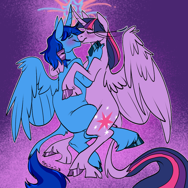 Size: 1500x1500 | Tagged: artist needed, source needed, safe, derpibooru import, twilight sparkle, twilight sparkle (alicorn), oc, oc:blue thunder, alicorn, hug, image, kissing, love, png, thundersparkle