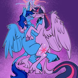 Size: 1500x1500 | Tagged: artist needed, source needed, safe, derpibooru import, twilight sparkle, twilight sparkle (alicorn), oc, oc:blue thunder, alicorn, hug, image, kissing, love, png, thundersparkle