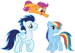 Size: 1013x720 | Tagged: artist needed, source needed, safe, derpibooru import, rainbow dash, scootaloo, soarin', pegasus, pony, female, filly, foal, image, male, mare, png, shipping, simple background, soarindash, stallion, straight, transparent background