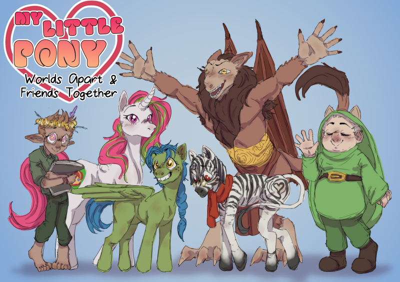 Size: 1500x1058 | Tagged: safe, artist:vanilla drop, derpibooru import, posey, scorpan, oc, oc:crystal wood, oc:sunny, oc:vanilla drop, alicorn, human, pegasus, pony, unicorn, zebra, g1, concept art, generation leap, image, moochick, png, redesign, remake