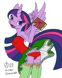 Size: 1536x1942 | Tagged: suggestive, artist:sepiakeys, derpibooru import, twilight sparkle, twilight sparkle (alicorn), alicorn, unicorn, ass, book, bow, butt, cameltoe, christmas, clothes, derpibooru exclusive, from behind, holiday, horn, humanoid, image, lipstick, looking at you, looking back, looking back at you, mistletoe, panties, png, present, skirt, socks, stockings, strapless, thigh highs, tube top, underwear, upskirt, variant, wings