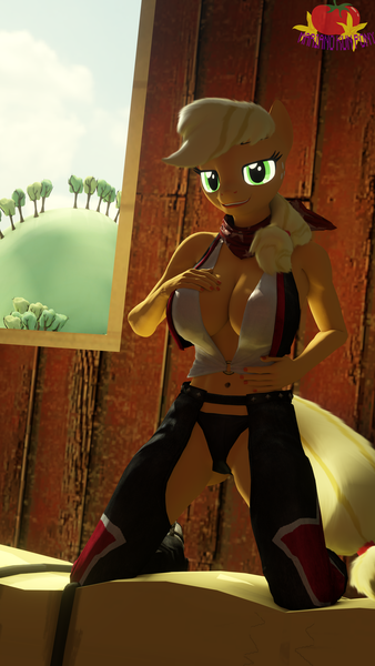 Size: 2160x3840 | Tagged: suggestive, artist:marianokun, derpibooru import, applejack, anthro, 3d, blender, blender eevee, cowgirl outfit, hay, hill, image, looking at you, png, tree