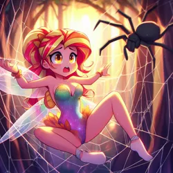 Size: 1024x1024 | Tagged: semi-grimdark, derpibooru import, machine learning generated, sunset shimmer, fairy, human, spider, ai content, clothes, image, jpeg, leotard, solo, spider web, stuck
