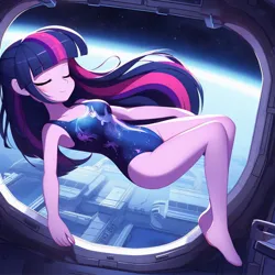 Size: 1024x1024 | Tagged: safe, derpibooru import, twilight sparkle, equestria girls, ai content, clothes, floating, image, jpeg, leotard, space, space station, zero gravity