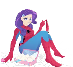Size: 4173x3840 | Tagged: safe, alternate version, artist:arina-gremyako, derpibooru import, rarity, human, boots, candy, clothes, commission, cosplay, costume, cupcake, cute, eyeshadow, female, food, humanized, image, lipstick, lollipop, makeup, marvel, mask, png, raribetes, shoes, simple background, sitting, solo, spider web, spider-man, superhero, transparent background