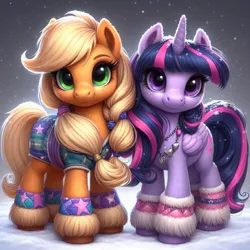 Size: 1024x1024 | Tagged: safe, machine learning generated, ponerpics import, ponybooru import, applejack, twilight sparkle, twilight sparkle (alicorn), alicorn, earth pony, pony, ai content, alternate cutie mark, alternate hairstyle, bing, clothes, female, hoof boots, image, jewelry, jpeg, lesbian, looking at you, mare, missing accessory, shipping, snow, twijack, winter outfit