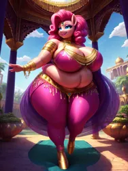 Size: 768x1024 | Tagged: suggestive, derpibooru import, machine learning generated, stable diffusion, pinkie pie, anthro, earth pony, unguligrade anthro, ai content, belly, belly button, belly dancer, belly dancer outfit, big belly, big breasts, breasts, busty pinkie pie, clothes, fat, female, huge breasts, image, jewelry, midriff, pants, png, prompter:professordoctorc, pudgy pie, solo, solo female, wide hips