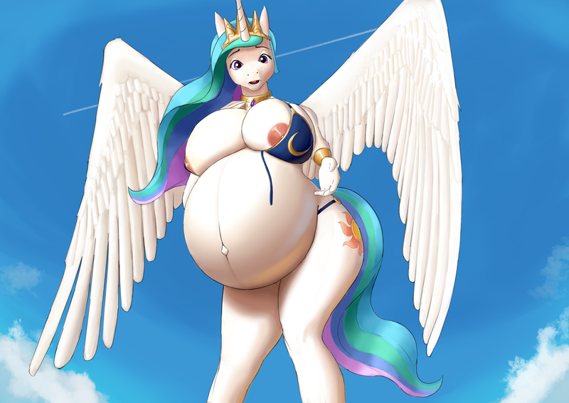 Size: 2000x1414 | Tagged: questionable, artist:dopamine_train, derpibooru import, princess celestia, alicorn, anthro, areola, belly, belly button, big belly, big breasts, bikini, breasts, busty princess celestia, clothes, cloud, crown, female, huge belly, huge breasts, hyper, hyper belly, hyper pregnancy, image, impossibly large belly, jewelry, looking at you, nipple slip, nipples, nudity, outie belly button, png, preglestia, pregnant, regalia, sky, spread wings, swimsuit, wardrobe malfunction, wings