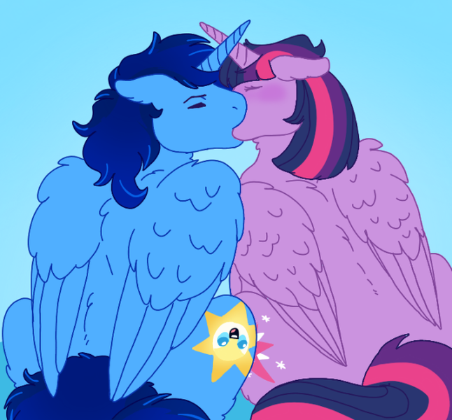 Size: 652x606 | Tagged: safe, derpibooru import, twilight sparkle, twilight sparkle (alicorn), oc, oc:blue thunder, alicorn, image, kissing, png, thundersparkle