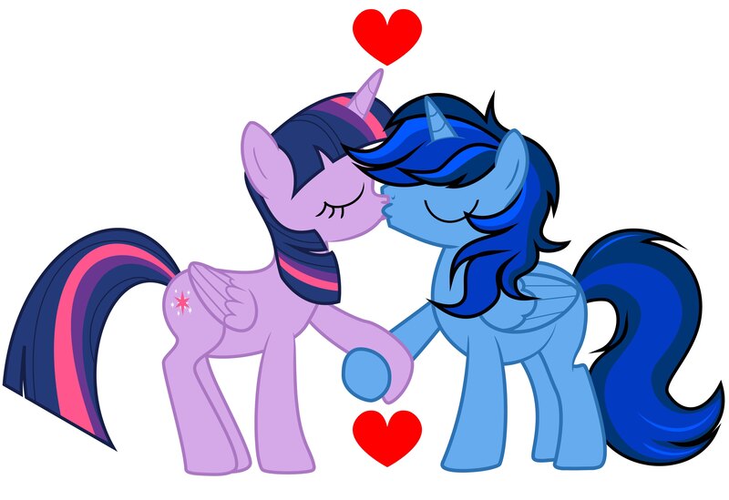 Size: 5481x3758 | Tagged: safe, derpibooru import, twilight sparkle, twilight sparkle (alicorn), oc, oc:blue thunder, alicorn, image, jpeg, kissing, thundersparkle