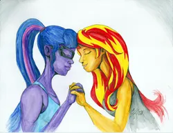 Size: 1056x816 | Tagged: safe, artist:masterdarhil, derpibooru import, sci-twi, sunset shimmer, twilight sparkle, equestria girls, eyes closed, fanfic art, female, holding hands, image, jpeg, lesbian, scitwishimmer, shipping, sunsetsparkle, traditional art, watercolor painting