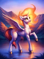 Size: 2304x3072 | Tagged: safe, derpibooru import, machine learning generated, stable diffusion, daybreaker, alicorn, pony, ai content, chest fluff, cute, ear fluff, female, generator:easyfluff v11.2, image, jpeg, lake, looking up, mane of fire, mare, muscles, muscular female, open mouth, prompter:frostru, raised hoof, smiling, solo, spread wings, water, wings, wrong cutie mark