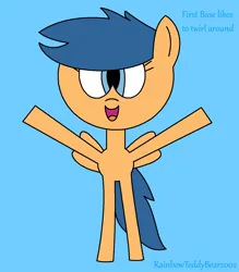 Size: 1190x1360 | Tagged: safe, artist:rainbowteddybear2002, derpibooru import, first base, pegasus, pony, adorabase, arms in the air, bipedal, blue background, blue text, cute, cyan background, dialogue, excited, female, filly, foal, g4, happy, image, ms paint, open mouth, open smile, pegasus first base, png, race swap, simple background, smiling, solo, text