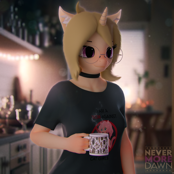 Size: 2160x2160 | Tagged: safe, derpibooru import, oc, unofficial characters only, anthro, cat, plantigrade anthro, unicorn, 3d, bags under eyes, blender, blender cycles, catgirl, clothes, coffee, cute, female, glasses, horn, image, kitchen, meganekko, nexgen, png, shirt, t-shirt, unicorn oc