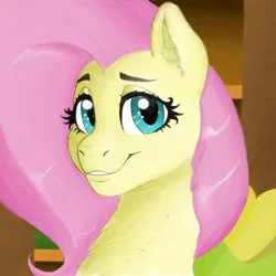 Size: 2048x2048 | Tagged: safe, artist:boneappleteeth, ponerpics import, fluttershy, always works, dreamworks face, fluttershy's cottage, image, looking at you, png, smiling