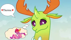 Size: 1280x720 | Tagged: safe, derpibooru import, edit, edited screencap, screencap, thorax, oc, oc:therma, changedling, changeling, dragon, to change a changeling, bedroom eyes, canon x oc, dragoness, female, image, king thorax, male, png, shipping, speech bubble, straight, thermax, thought bubble