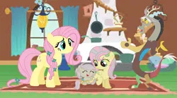 Size: 1532x852 | Tagged: safe, artist:princessfloriana, derpibooru import, discord, fluttershy, oc, draconequus, hybrid, pegasus, pony, baby, baby pony, discoshy, father and child, father and daughter, female, filly, fluttershy's cottage, foal, husband and wife, image, interspecies offspring, male, mare, mother and child, mother and daughter, offspring, parent:discord, parent:fluttershy, parents:discoshy, png, shipping, straight