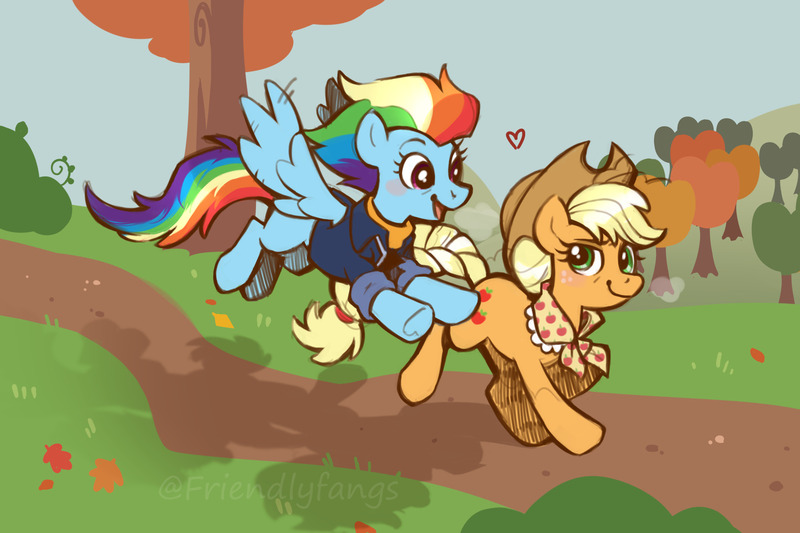 Size: 2000x1333 | Tagged: safe, artist:friendlyfangs, derpibooru import, applejack, rainbow dash, earth pony, pegasus, pony, appledash, applejack's hat, blushing, clothes, cowboy hat, duo, duo female, eyebrows, female, flying, freckles, g4, granny smith's shawl, grass, hat, image, jpeg, leaves, lesbian, looking at each other, looking at someone, mare, older, older appledash, older applejack, older rainbow dash, open mouth, open smile, outdoors, scarf, shipping, signature, smiling, smiling at each other, spread wings, tree, wings