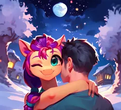 Size: 3072x2802 | Tagged: safe, derpibooru import, machine learning generated, stable diffusion, sunny starscout, anthro, human, pony, g5, ai content, anonymous, cute, female, generator:pony diffusion v5, hug, hugging a pony, human and anthro, human and pony, image, mare, moon, night, one eye closed, png, stars, wink, winter