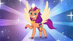 Size: 3072x1727 | Tagged: safe, derpibooru import, screencap, sunny starscout, alicorn, pony, g5, my little pony: a new generation, my little pony: tell your tale, spoiler:g5, spoiler:my little pony: tell your tale, spoiler:tyts01e62, female, grin, image, jpeg, lavarynth, mare, race swap, smiling, solo, spread wings, sunnycorn, wings