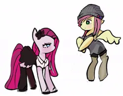 Size: 1000x781 | Tagged: safe, artist:solid shrimp, derpibooru import, fluttershy, pinkie pie, earth pony, pegasus, pony, beanie, clothes, duo, emo, female, flower, flower in hair, goth, hat, image, jpeg, mare, pinkamena diane pie, pinktober, simple background, skirt, socks, stockings, thigh highs, white background