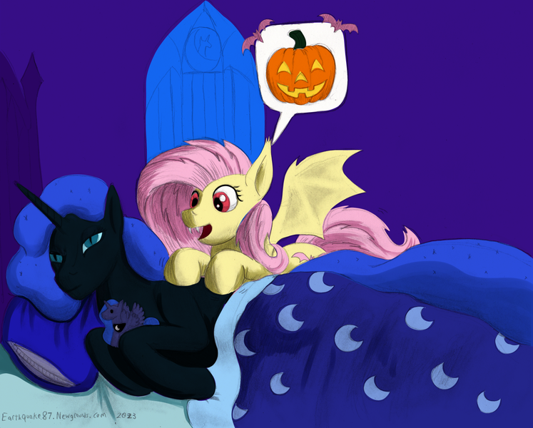 Size: 1346x1081 | Tagged: safe, artist:earthquake87, color edit, derpibooru import, edit, fluttershy, nightmare moon, princess luna, bat pony, bat ponified, blanket, colored, cute, excited, fangs, flutterbat, halloween, happy, holiday, image, jack-o-lantern, nightmare night, pillow, plushie, png, pumpkin, race swap, sleepy, spread wings, waking up, wings