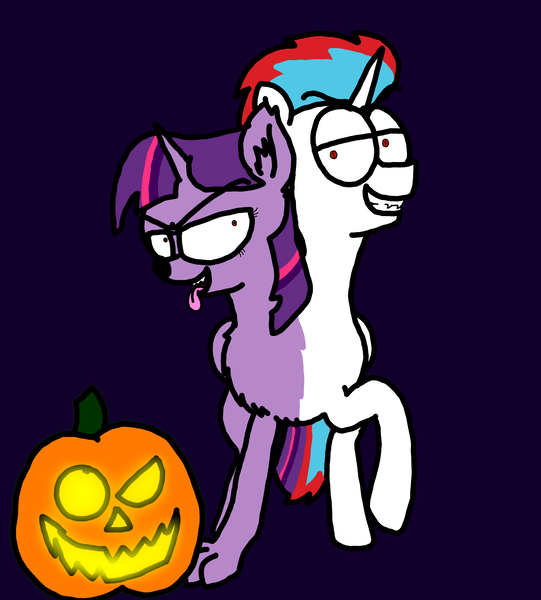 Size: 3023x3351 | Tagged: safe, artist:professorventurer, derpibooru import, twilight sparkle, oc, oc:solar eclipse, undead, vampire, werewolf, halloween, holiday, image, jack-o-lantern, png, pumpkin, requested art, werelight sparkle