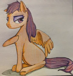 Size: 2947x3076 | Tagged: safe, derpibooru import, scootaloo, pegasus, pony, ear piercing, female, food, g4, image, jpeg, mare, missing cutie mark, older, orange, piercing, prismacolors, simple background, solo, spread wings, traditional art, underhoof, wings