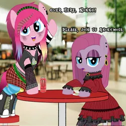 Size: 2048x2048 | Tagged: safe, artist:legendoflink, derpibooru import, pinkie pie, earth pony, pony, bipedal, bipedal leaning, boots, choker, clothes, cup, dress, drink, duality, energy drink, female, goth, image, implied anon, jpeg, leaning, looking at you, mare, monster energy, pinkamena diane pie, pinktober, plaid skirt, self paradox, self ponidox, shoes, sitting, skirt, smiling, smiling at you, sneaker boots, socks, spiked choker, striped socks, talking to viewer, teacup, waving, waving at you