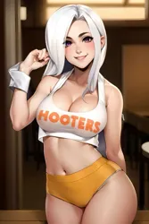 Size: 1024x1536 | Tagged: suggestive, derpibooru import, editor:sammykun, machine learning generated, trixie, human, ai content, belly button, big breasts, breasts, busty trixie, cleavage, clothes, cosplay, costume, halloween, halloween costume, holiday, hooters, hooters uniform, humanized, image, indoors, long hair, midriff, png, prompter:sammykun, sexy, shirt, short shirt, shorts, sleeveless, sleeveless shirt, smiling, stupid sexy trixie, sultry pose, tanktop, thighs, wide hips, wood