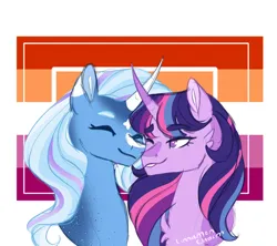 Size: 1800x1600 | Tagged: safe, artist:cinnamoncharm, derpibooru import, trixie, twilight sparkle, pony, unicorn, bust, chest fluff, duo, duo female, eyes closed, female, image, lesbian, lesbian pride flag, mare, mouthpiece, nuzzling, png, pride, pride flag, ship:twixie, shipping, signature