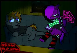 Size: 2612x1806 | Tagged: safe, artist:xxv4mp_g4z3rxx, derpibooru import, oc, oc:scarecrow, oc:violet valium, bat pony, pony, unicorn, annoyed, bored, bracelet, clothes, collar, couch, hoodie, hoof trap, hospital band, image, implied grimdark, leg warmers, lying down, male, nonbinary, picture frame, png, purple eyes, red eyes, roblox, rug, sitting, speech bubble, spiked collar, spiked wristband, stallion, struggling, torn clothes, watching tv, wristband