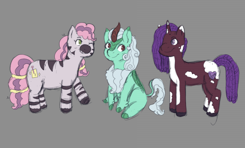 Size: 1342x812 | Tagged: safe, artist:briarlight, derpibooru import, violette rainbow, oc, unnamed oc, kirin, pony, unicorn, zebra, g5, chubby, dreadlocks, female, filly, foal, image, kirin oc, looking at each other, looking at someone, png, sketch, skye, smiling, trio, vitiligo