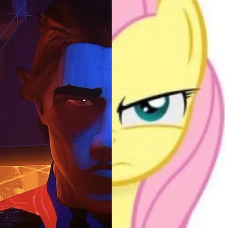 Size: 456x462 | Tagged: safe, derpibooru import, edit, fluttershy, face to face, female, fluttershy is not amused, image, jpeg, male, marvel, miguel o'hara, photo, pinterest, side by side, spider-man, spider-man 2099, spider-man: across the spider-verse, unamused