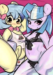 Size: 2480x3507 | Tagged: suggestive, derpibooru import, oc, oc:dippy sparkle, oc:zoran, oc:左岸, unofficial characters only, pegasus, pony, semi-anthro, unicorn, belly button, blushing, clothes, image, jpeg, panties, underwear